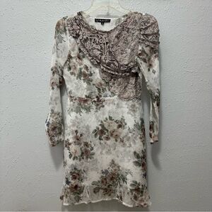 For Love & Lemons Mini Dress S Muted Floral Lace Overlay Sheer Sleeve Ruffle Hem